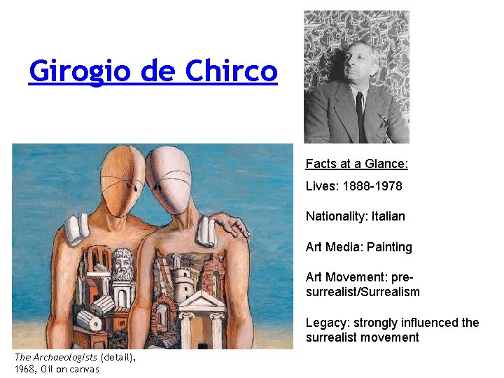 Girogio de Chirco Facts at a Glance: Lives: 1888 -1978 Nationality: Italian Art Media: