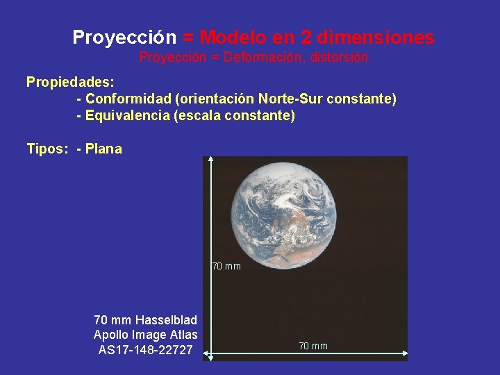Proyección = Modelo en 2 dimensiones Proyección = Deformación, distorsión Propiedades: - Conformidad (orientación