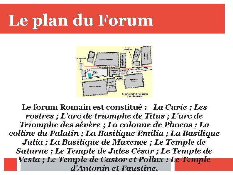 Le plan du Forum Le forum Romain est constitué : La Curie ; Les