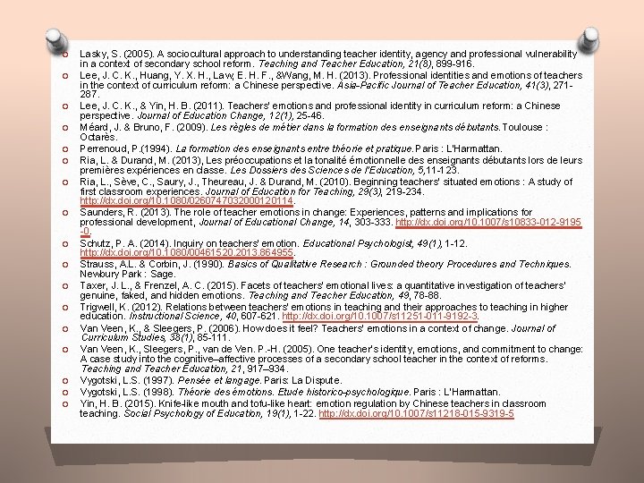 O O O O O Lasky, S. (2005). A sociocultural approach to understanding teacher