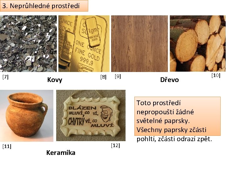 3. Neprůhledné prostředí [7] [11] Kovy Keramika [8] [9] [12] Dřevo [10] Toto prostředí