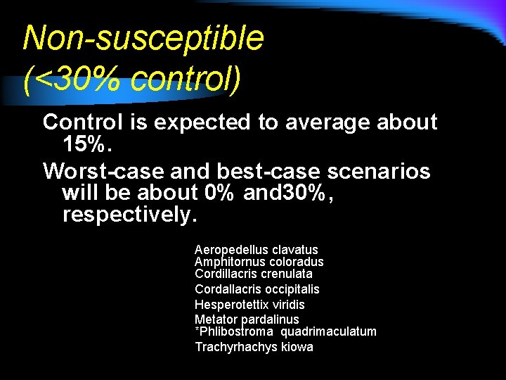 Non-susceptible (<30% control) Control is expected to average about 15%. Worst-case and best-case scenarios