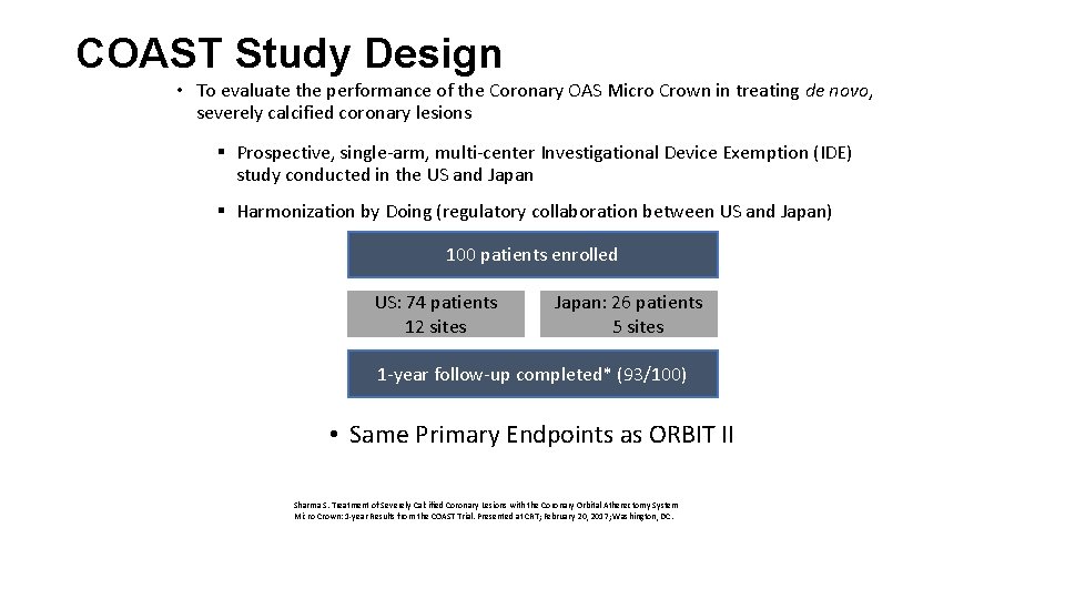 COAST Study Design • To evaluate the performance of the Coronary OAS Micro Crown