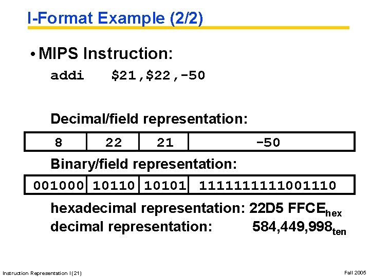 I-Format Example (2/2) • MIPS Instruction: addi $21, $22, -50 Decimal/field representation: 8 22