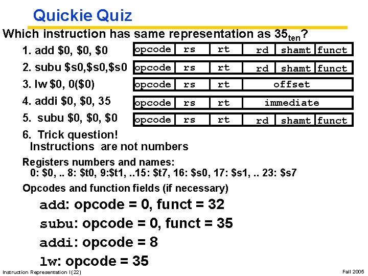 Quickie Quiz Which instruction has same representation as 35 ten? opcode rs 1. add