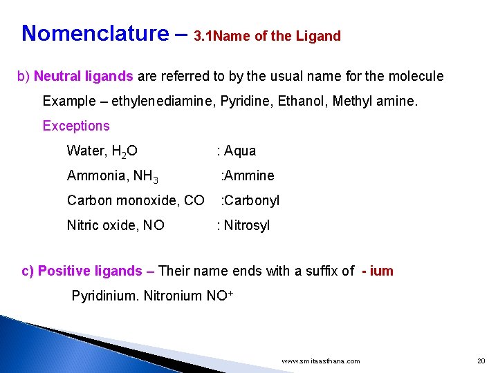 Nomenclature – 3. 1 Name of the Ligand b) Neutral ligands are referred to Nomenclature – 3. 1 Name of the Ligand b) Neutral ligands are referred to