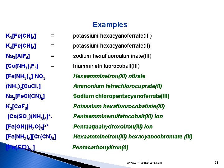 Examples K 3[Fe(CN)6] = potassium hexacyanoferrate(III) K 4[Fe(CN)6] = potassium hexacyanoferrate(II) Na 3[Al. F
