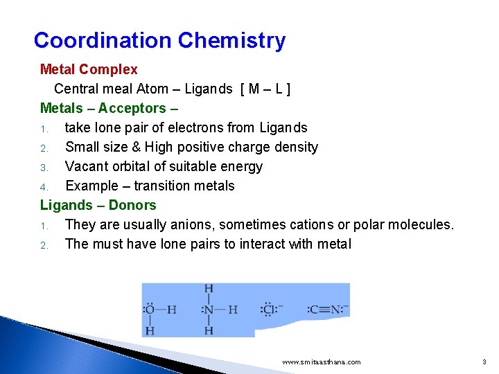 Coordination Chemistry Metal Complex Central meal Atom – Ligands [ M – L ]