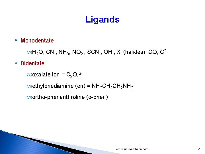 Ligands Monodentate H 2 O, CN-, NH 3, NO 2 -, SCN-, OH-, X- Ligands Monodentate H 2 O, CN-, NH 3, NO 2 -, SCN-, OH-, X-