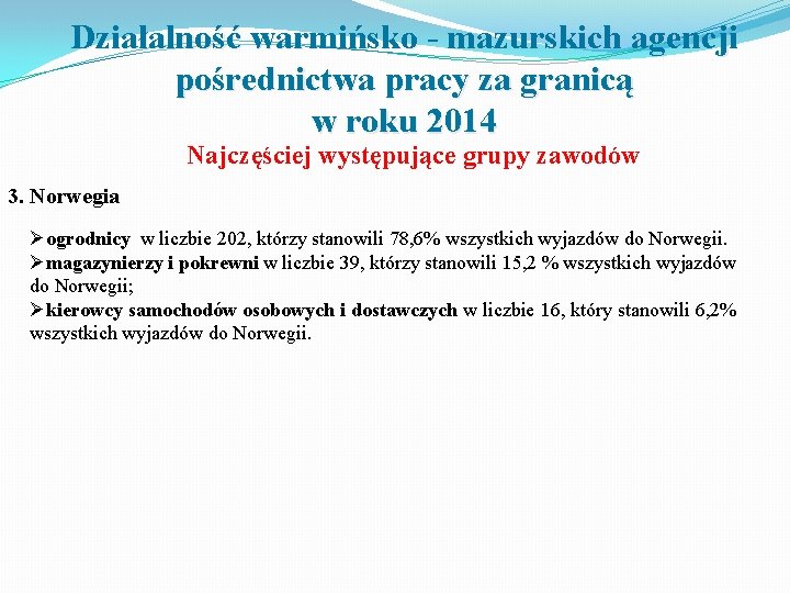 Działalność warmińsko - mazurskich agencji pośrednictwa pracy za granicą w roku 2014 Najczęściej występujące