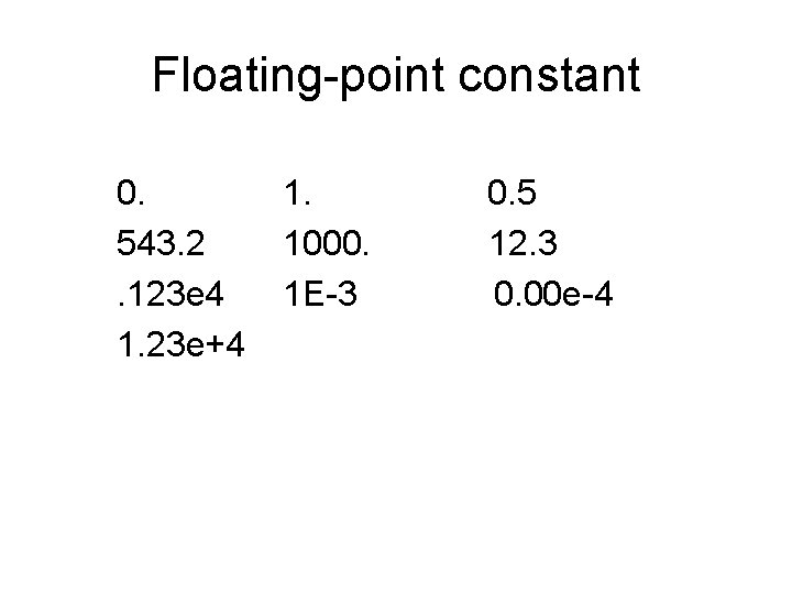 Floating-point constant 0. 543. 2. 123 e 4 1. 23 e+4 1. 1000. 1