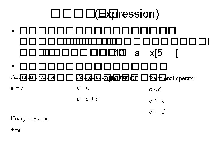 ������ (Expression) • ������� �������� �������� 10 a x[5 [ • ������� Addition operator