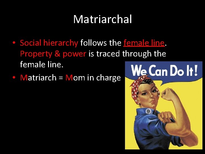 Matriarchal • Social hierarchy follows the female line. Property & power is traced through
