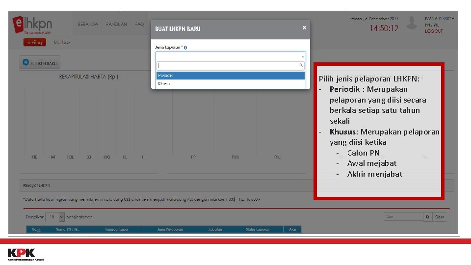 Pilih jenis pelaporan LHKPN: - Periodik : Merupakan pelaporan yang diisi secara berkala setiap