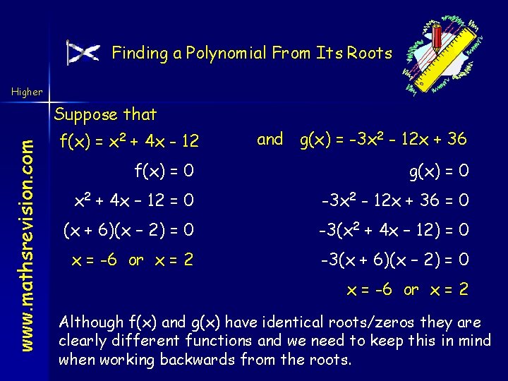 Finding a Polynomial From Its Roots Higher www. mathsrevision. com Suppose that f(x) =