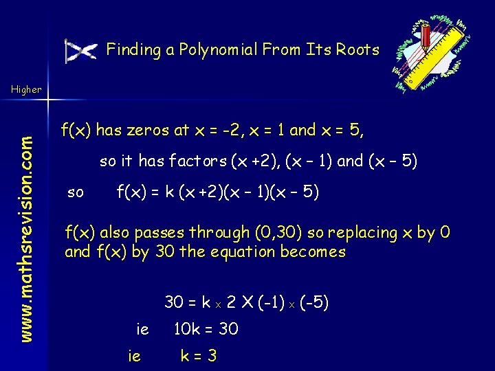 Finding a Polynomial From Its Roots www. mathsrevision. com Higher f(x) has zeros at