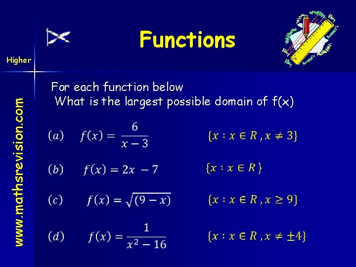 www. mathsrevision. com Higher Functions For each function below What is the largest possible