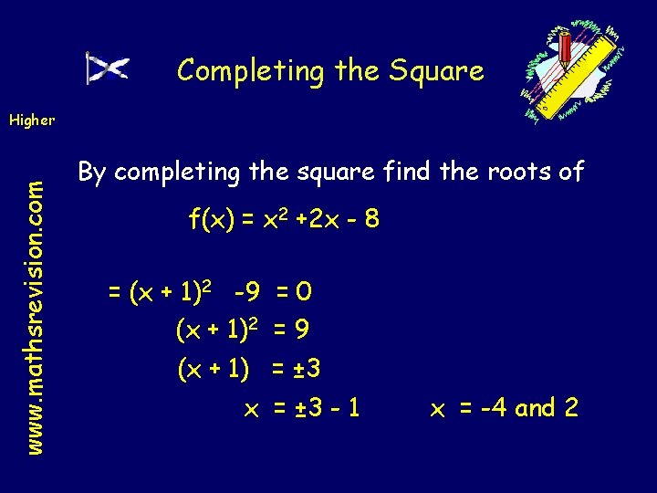 Completing the Square www. mathsrevision. com Higher By completing the square find the roots