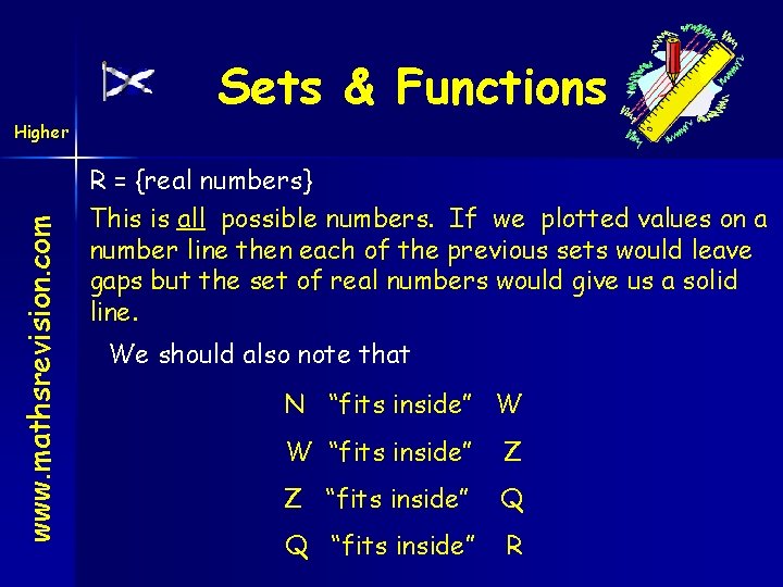 www. mathsrevision. com Higher Sets & Functions R = {real numbers} This is all