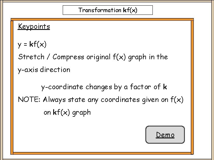 Transformation kf(x) Keypoints y = kf(x) Stretch / Compress original f(x) graph in the