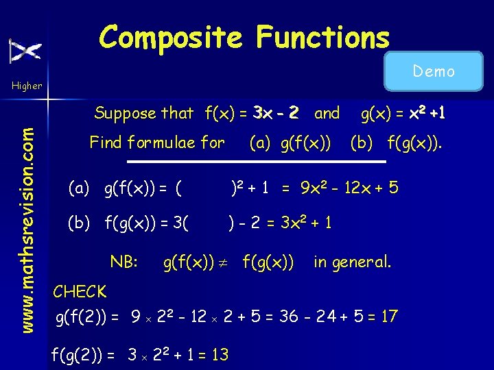 Composite Functions Demo Higher www. mathsrevision. com Suppose that f(x) = 3 x -