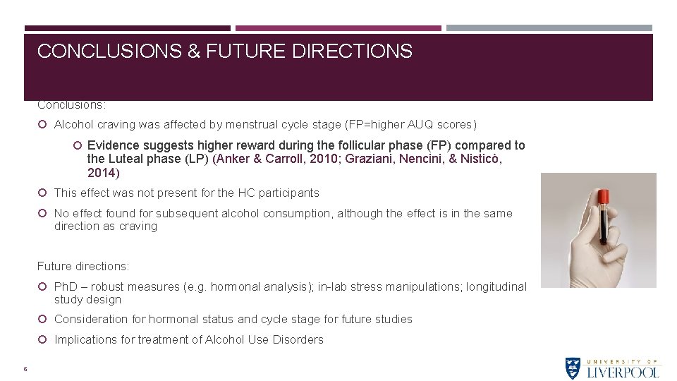 CONCLUSIONS & FUTURE DIRECTIONS Conclusions: Alcohol craving was affected by menstrual cycle stage (FP=higher