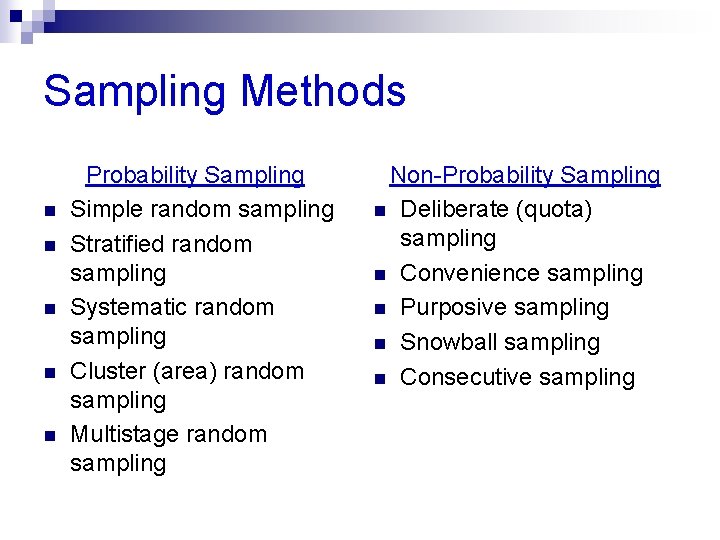 Sampling Methods n n n Probability Sampling Simple random sampling Stratified random sampling Systematic