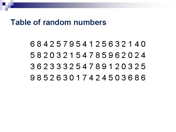 Table of random numbers 684257954125632140 582032154785962024 362333254789120325 985263017424503686 