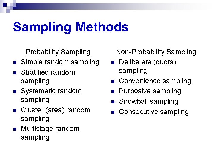 Sampling Methods n n n Probability Sampling Simple random sampling Stratified random sampling Systematic