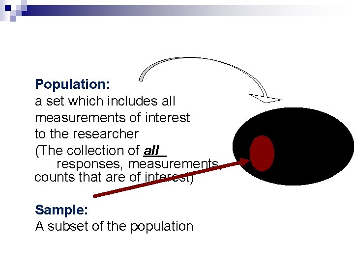 Population: a set which includes all measurements of interest to the researcher (The collection