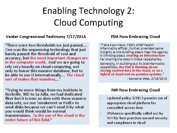 Enabling Technology 2: Cloud Computing Venter Congressional Testimony 7/17/2014 “There were two thresholds we
