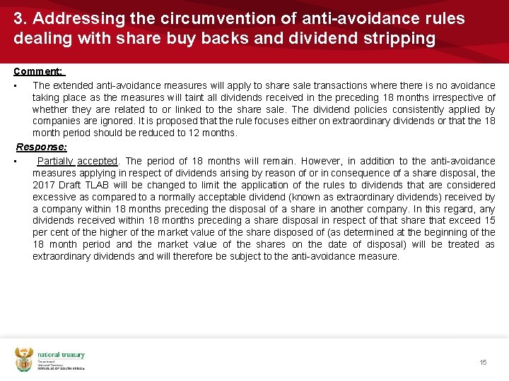 3. Addressing the circumvention of anti-avoidance rules dealing with share buy backs and dividend