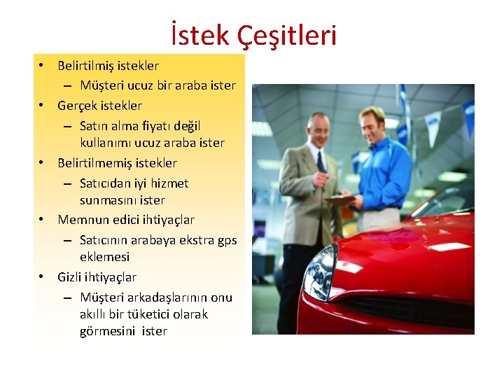 İstek Çeşitleri • Belirtilmiş istekler – Müşteri ucuz bir araba ister • Gerçek istekler