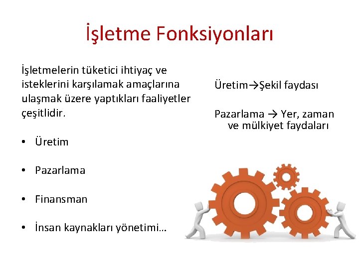 İşletme Fonksiyonları İşletmelerin tüketici ihtiyaç ve isteklerini karşılamak amaçlarına ulaşmak üzere yaptıkları faaliyetler çeşitlidir.