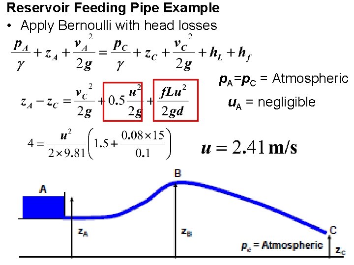 Reservoir Feeding Pipe Example • Apply Bernoulli with head losses p. A=p. C =