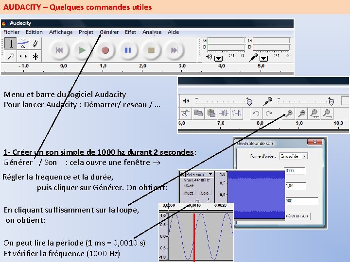 AUDACITY – Quelques commandes utiles Menu et barre du logiciel Audacity Pour lancer Audacity