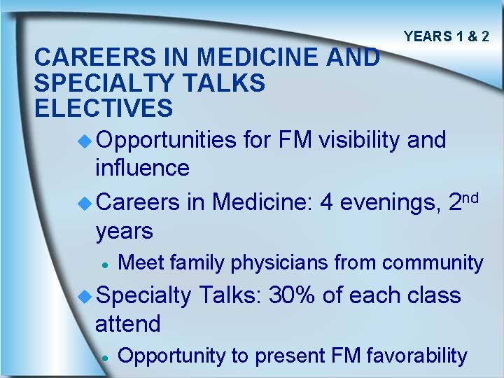 CAREERS IN MEDICINE AND SPECIALTY TALKS ELECTIVES u Opportunities YEARS 1 & 2 for