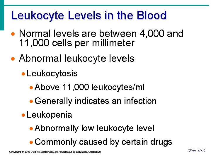 Leukocyte Levels in the Blood · Normal levels are between 4, 000 and 11,