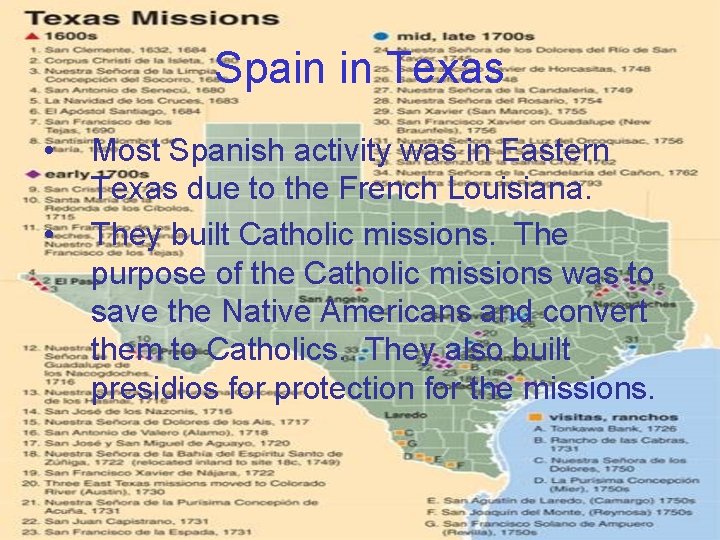 Spain in Texas • • Most Spanish activity was in Eastern Texas due to