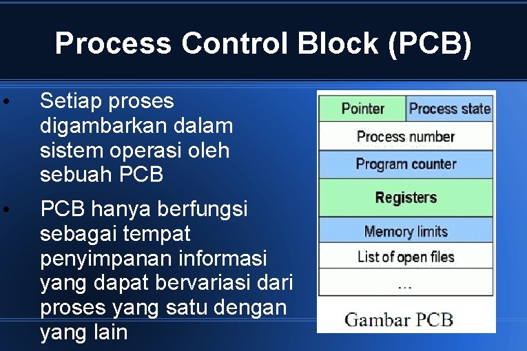 Process Control Block (PCB) • Setiap proses digambarkan dalam sistem operasi oleh sebuah PCB