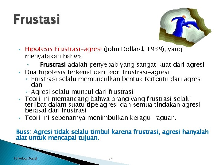 Frustasi § § Hipotesis Frustrasi-agresi (John Dollard, 1939), yang menyatakan bahwa: ◦ Frustrasi adalah