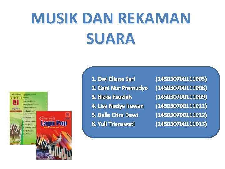 MUSIK DAN REKAMAN SUARA 1. Dwi Eliana Sari 2. Gani Nur Pramudyo 3. Rizka