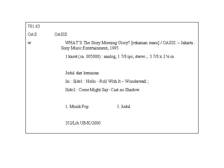 781. 63 OAS w OASIS WHAT’S The Story Morning Glory? [rekaman suara] / OASIS.