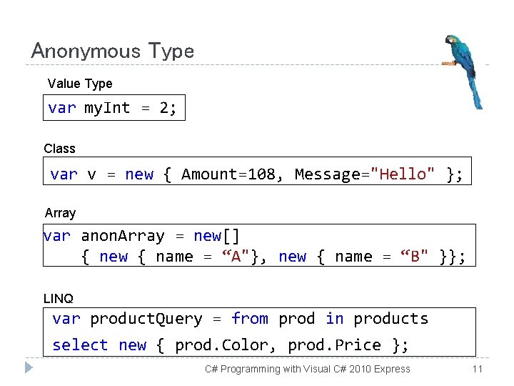 Anonymous Type Value Type var my. Int = 2; Class var v = new