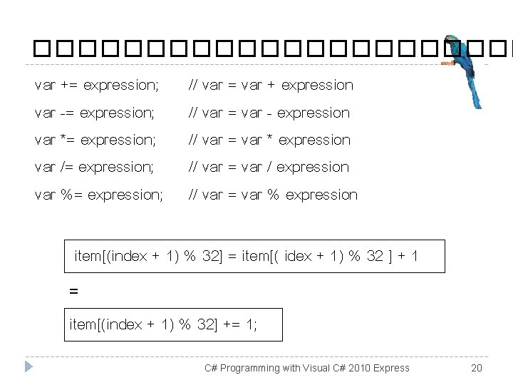 ����������� var += expression; // var = var + expression var -= expression; //