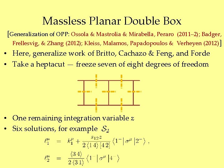 Massless Planar Double Box [Generalization of OPP: Ossola & Mastrolia & Mirabella, Peraro (2011–