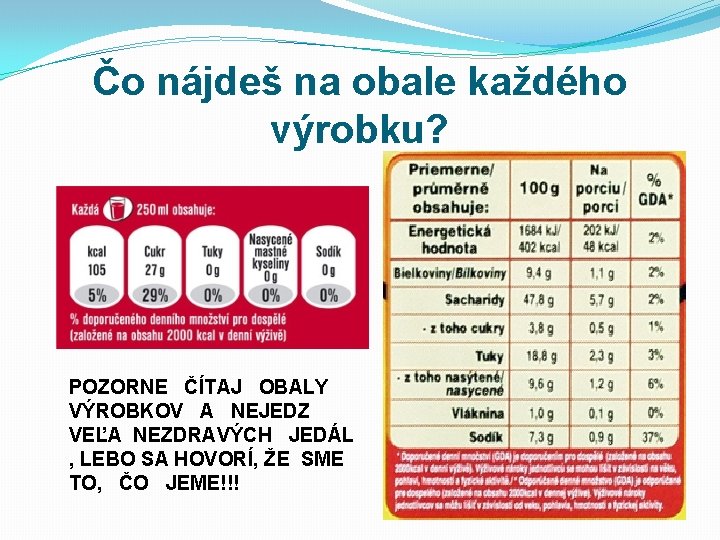 Čo nájdeš na obale každého výrobku? POZORNE ČÍTAJ OBALY VÝROBKOV A NEJEDZ VEĽA NEZDRAVÝCH