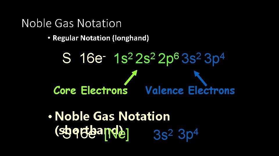 Noble Gas Notation • Regular Notation (longhand) S 16 e 1 s 2 2