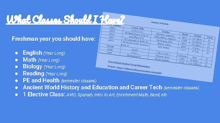 What Classes Should I Have? Freshman year you should have: ● ● ● ●