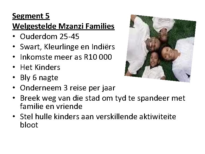 Segment 5 Welgestelde Mzanzi Families • Ouderdom 25 -45 • Swart, Kleurlinge en Indiërs